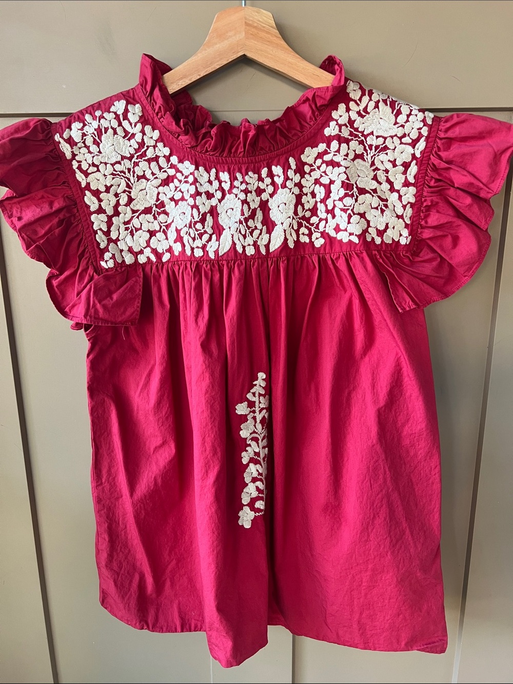 Spirit Dress S Embroidered Boho Ruffle Sleeve Top Red Cream